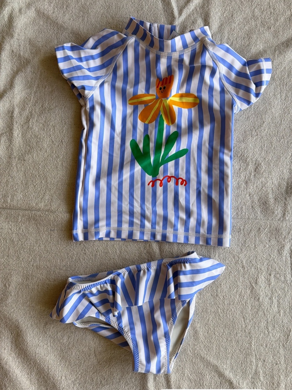 next Blue and White Striped Girls' Two-Piece Swim Set with Cheerful Flower